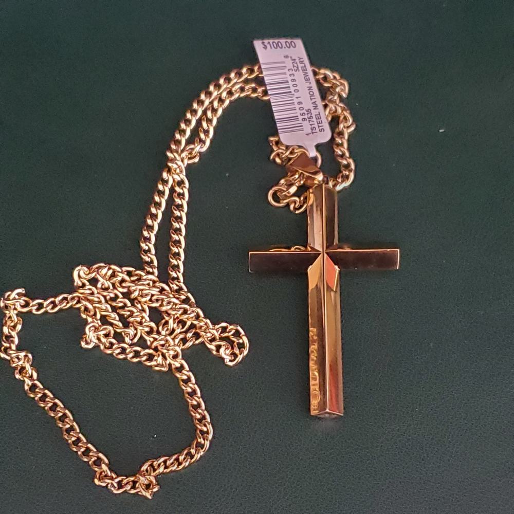 Steel Nation Jewelry Gold Tone Stainless Steel Beveled Cross‎ Necklace 24"